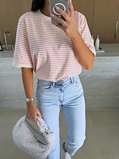 billige Plain t-skjorte-Bluse Dame Hvit Rosa Rød Stribe Printer Daglig Elegant Rund Normal S