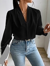 billige Kvinne Enkle Topper-Dame Skjorte Bluse Helfarge Stilfull Fritid Langermet V-hals Vanlige topper Daglig Knapper Lomme Svart Hvit Gul Blå Grønn Sommer Vår