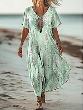 tanie Sukienka Sztuka i Design-Damskie Sukienka maxi Codzienne sukienki Sukienka letnia Sukienka A line Letnie sukienki Bohema Urlop Zabytkowe Urlop Codzienny Regularny Kwiaty Graficzny Przejście kolorów Krótki rękaw W serek