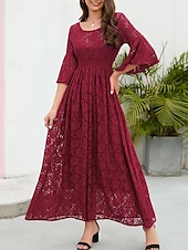 tanie Formalne zimowe-Damskie Sukienka midi Koronkowa sukienka Sukienka maxi Sukienka A line Elegancja Elegancki Codzienny Rozkloszowany rękaw Urlop Impreza Codzienny Regularny Równina Krótki rękaw Półgolf Czarny Wino