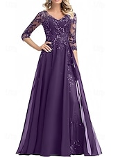cheap Floor Length-A-Line Mother of the Bride Dress Wedding Guest Elegant V Neck Floor Length Chiffon 3/4 Length Sleeve with Beading Appliques