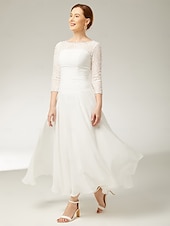 baratos Comprimento do chão-Vestido A-Line Para Mãe da Noiva Convidada Elegante Gola Redonda Comprimento do Tornozelo Chiffon Renda Mangas 3/4 com Franzido de Lantejoulas 2025