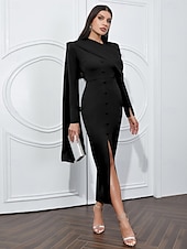voordelige Cocktailjurken-Zeemeermin  Trompet Avondjurk Elegante Jurk Formele Bruiloft Vloer Lengte Lange Mouw Cowl Hals Stretch Crêpe met Plooien Split