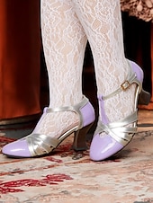 voordelige jaren 30-dameslavendel en zilveren t-band pumps met hak, uitsparingen en middelhoge hak voor elegante dansfeesten en formele gelegenheden