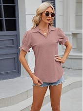 cheap Lace Tops-Women&#039;s Boho T-shirt Plain Bohemia Cute Stylish Short Sleeve Puff Sleeve V Neck Shirt Collar Regular Tops Daily Going out Weekend Ruffle Eyelet Sage Green Black White Pink Wine Summer