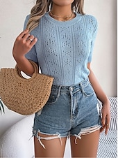 abordables Hauts en dentelle-Femme Pull en maille torsadée Pullover Le style mignon du quotidien mode Couleur unie A côtes Col Ras du Cou Ouvert Tricoté Manches à volants Manches courtes Hauts réguliers Tricoter Intérieur Soirée