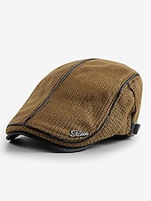 preiswerte Herrenhüte-Stylische schwarze Newsboy-Kappe für Herren mit Lederbesatz, atmungsaktivem Stoff, verstellbare Passform – lässiger Vintage-Flachhut für den Alltag und Outdoor-Aktivitäten
