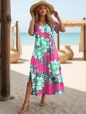 cheap Floral Dress-Women&#039;s Maxi Dress Long Sleeve Boho Dress Elegant Vintage Butterfly Sleeve Vacation Beach Regular Fit Floral Leopard Vintage Short Sleeve Crew Neck Pink Blue Green Summer