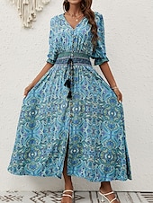 economico Abiti boho-Per donna Vestito maxi Abito casual Abito Boho a maniche lunghe Abito boho Boemia Moda Essenziale Da mare Informale Giornaliero Standard Pop art Manica a 3/4 A V Marrone rossastro Blu Estate