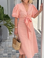 cheap Plain Dress-Women&#039;s Maxi Dress A Line Dress Solid Color Summer Dress Puff Sleeve Dress Basic Casual Puff Sleeve Vacation Daily Regular Fit Graphic Short Sleeve V Neck Black White Yellow Pink Summer