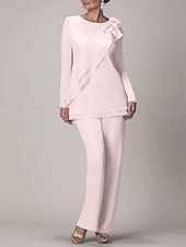 voordelige Broekpakken van mama-Strand Bruiloft Twee Delige Jumpsuit  Pantsuit Moeder van de Bruid Bruiloft Gast Elegante Plus Size Juweel Hals Vloerlengte Chiffon Lange Mouw met Strik(ken) Rimpelingen 2025