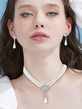 abordables Collar de mujer-Elegante conjunto de joyas nupciales de perlas: collar de doble capa y aretes colgantes con detalles de diamantes de imitación, accesorios de boda vintage para mujeres, joyas formales para fiestas y veladas
