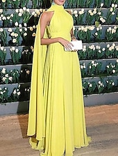 economico GIALLO-Abito da sera A-Line abito elegante da matrimonio formale lungo pavimento senza maniche colletto alto con mantelline in chiffon arricciato