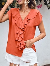 preiswerte Damen Einfache Oberteile-Damen Hemd Bluse Feste Farbe Elegant Täglich Stilvoll Kurzarm Fledermaus Ärmel V Ausschnitt Normale Oberteile Arbeit Täglich Abendgesellschaft Knopf Orange Grün Beige Sommer Frühling