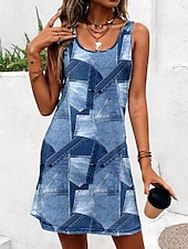 preiswerte Kunst &amp; Design Kleider-Damen Minikleid A Linie Kleid Sommerkleid Schulterfreies Kleid Urlaub Täglich Lockere Passform Graphic Geometrisch Ärmellos U-Ausschnitt Blau Sommer Frühling