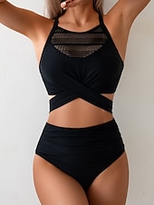 voordelige Bikinisets-Dames Zwemkleding Bikini 2 stuks Onderbroeken Zwempak Netstof Blote rug Slank Hoog getailleerd Vakantie Strand Kleding Effen Kleur Ronde hals Mouwloos Badpakken