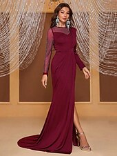 preiswerte SCHWARZ-Meerjungfrau  Trompete Abendkleid elegantes Kleid formelle Abendveranstaltung Court Train lange Ärmel Rundhals Stretch-Crepe mit Kristallen 2025