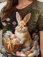 abordables T-shirt de Pâques-Pâques Femme Chemisier Floral Graphic Animal mode Décontractées Manche Courte Col Ras du Cou Hauts réguliers du quotidien Imprimer Vert cendré Eté Printemps