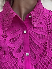 baratos Camiseta lisa-Mulheres Blusa Topo de ilhó Tops de renda Vazado Botões Tecido Diário à moda Básico Manga Curta Colarinho de Camisa Tops regulares Diário Trabalho Feriado Branco Rosa cor de Rosa Primavera Outono