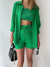 cheap Women’s Short Sets-Women&#039;s Elegant Fashion Streetwear Shirt Blouse Baggy Shorts Long Sleeve Shirt Collar Solid Color Ruched Outdoor Work Casual Orange Green Khaki Summer Loose Fit