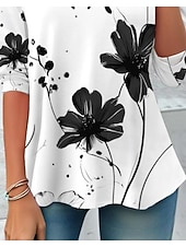 ieftine tricou floral-Tricou pentru femei cu mânecă lungă guler rotund tunică lungă grafic floral casual topuri regulate print zilnic alb și negru primăvară toamnă pre-toamnă