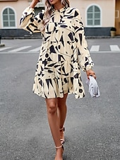 cheap Casual Floral Dresses-Women&#039;s Mini Dress Casual Dress A Line Dress Stylish Casual Vacation Daily Regular Fit Floral Long Sleeve Stand Collar Green Apricot Summer