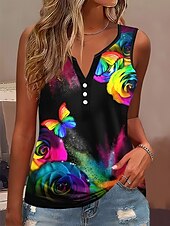 olcso Grafikai bolt Ujjatlan felsők és Camis-Női camisole top rózsa pillangó mindennapi ujjatlan kivágott nyakú normál top mindennapi gombos mintával fekete nyári