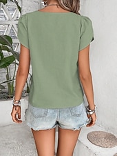 abordables Blusas Sencillas-Mujer Camisa de verano Camisa casual Blusa Botones Color sólido Elegante Casual Manga Corta Escote en Pico Tops regulares Diario Playa Festivos Negro Rojo Azul Marino Verde Trébol Albaricoque Verano