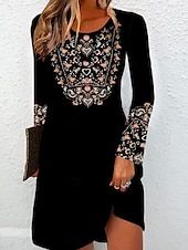 billiga Boho-klänning-Dam Mini klänning Vardagsklänning T shirtklänning Ledigt Dagligen Normal Grafisk Långärmad Rund hals Svart Höst Vinter