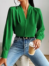 billige Kvinne Enkle Topper-Dame Skjorte Bluse Helfarge Stilfull Fritid Langermet V-hals Vanlige topper Daglig Knapper Lomme Svart Hvit Gul Blå Grønn Sommer Vår