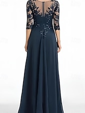 cheap Floor Length-A-Line Mother of the Bride Dress Wedding Guest Elegant V Neck Floor Length Chiffon 3/4 Length Sleeve with Beading Appliques