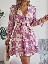 cheap Casual Floral Dresses-Ramadan Women&#039;s Normal Mini Dress Boho Chic Dresses Boho Dress Cami Dress Off The Shoulder Dress Bohemia Stylish Sexy Puff Sleeve Vacation Party Birthday Form Fit Floral Graphic Long Sleeve Plunging