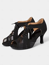 economico Scarpe per balli latini-scarpe da ballo nude con lacci e ritagli in rete – punta aperta, tacco medio per donna – perfette per lezioni di danza e spettacoli