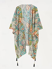 billiga Strandklänningar-Damers baddräkter cover up baddräkt knappar semester strandkläder paisley v-hals långärmad baddräkter