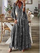 cheap Boho Dress-Women&#039;s Maxi Dress Casual Dress Swing Dress A Line Dress Boho Dress Casual Daily Regular Fit Floral Long Sleeve V Neck Red Blue Purple Orange Summer Spring Fall