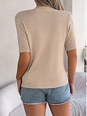 abordables Hauts en dentelle-Femme Pull en maille torsadée Pullover Le style mignon du quotidien mode Couleur unie A côtes Col Ras du Cou Ouvert Tricoté Manches à volants Manches courtes Hauts réguliers Tricoter Intérieur Soirée