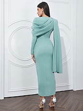 voordelige Cocktailjurken-Zeemeermin  Trompet Avondjurk Elegante Jurk Formele Bruiloft Vloer Lengte Lange Mouw Cowl Hals Stretch Crêpe met Plooien Split