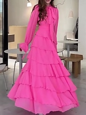 Недорогие Шифоновые платья-Жен. Длинное платье Коктейльные платья Свадебное платье для гостей Шифоновые платья Многослойное платье Классический На каждый день Отпуск Повседневные Стандартный Полотняное плетение Длинный рукав