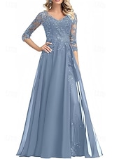 cheap Floor Length-A-Line Mother of the Bride Dress Wedding Guest Elegant V Neck Floor Length Chiffon 3/4 Length Sleeve with Beading Appliques