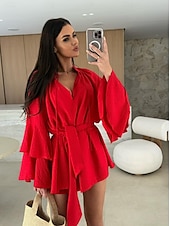olcso Fehér alkalmi ruhák-Női Mini ruha hétköznapi ruha Tavaszi ruha Elegáns Hétköznapi Napi Normál Tömör szín Hosszú ujj V-alakú Fekete Fehér Arcpír rózsaszín Rubin Ősz