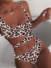 billiga One-piece-baddräkter-Kvinnors baddräkter enstyckad monokini baddräkt utan rygg magkontroll hög midja smal semester strandkläder leopard halter nack ärmlös baddräkter