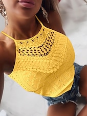 abordables Débardeurs et camisoles femme-Débardeur pour femmes en camisole noir blanc jaune couleur unie dentelle trou quotidien col halter coupe régulière S