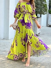 preiswerte Blumenkleid-Damen Midikleid Wickelkleid A Linie Kleid Figurbetontes Kleid Schulterfreies Kleid Urlaub Urlaub Täglich Regular Fit Blumen Graphic Langarm Ein-Schulter Gelb Grün Sommer