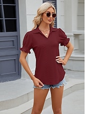 cheap Lace Tops-Women&#039;s Boho T-shirt Plain Bohemia Cute Stylish Short Sleeve Puff Sleeve V Neck Shirt Collar Regular Tops Daily Going out Weekend Ruffle Eyelet Sage Green Black White Pink Wine Summer