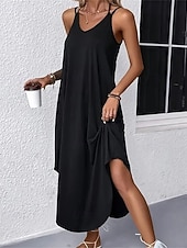 abordables vestido largo negro-Mujer Vestido Midi Vestido negro Vestido Cóctel Vestido formal Elegante Básico Sensual Diario Vacaciones Ajuste regular Plano Sin Mangas Escote en Pico Negro Vino Verde Ejército Verano