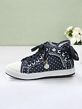 abordables Baskets femme-baskets montantes en toile à pois pour femmes – chaussures décontractées en denim à lacets avec charme floral, streetwear élégant pour un usage quotidien et en voyage