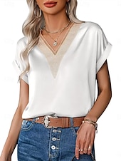 abordables Débardeurs et camisoles femme-Débardeur en camisole pour femmes couleur unie élégant décontracté à manches courtes col en V tops réguliers impression quotidienne dentelle patchwork noir blanc rose vin vert été