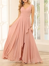 economico Abiti da damigella-Linea ad A Vestito da damigella Scollo a V Senza Maniche Elegante Asimmetrico Chiffon con Volant / Arricciatura 2022