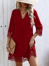 preiswerte schwarzes Minikleid-Damen Minikleid schwarzes kleid Freizeitkleid Cocktailkleid Abendkleid Basic Lässig Urlaub Täglich Normale Passform Einfach Dreiviertelarm V Ausschnitt Schwarz Rote Blau Sommer