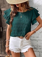 cheap Work Tops-Women&#039;s Blouse Solid Color Elegant Daily Stylish Short Sleeve Crew Neck Regular Tops Daily Holiday Going out Ruffle Patchwork Sage Green Red Navy Blue Purple Green Summer Spring